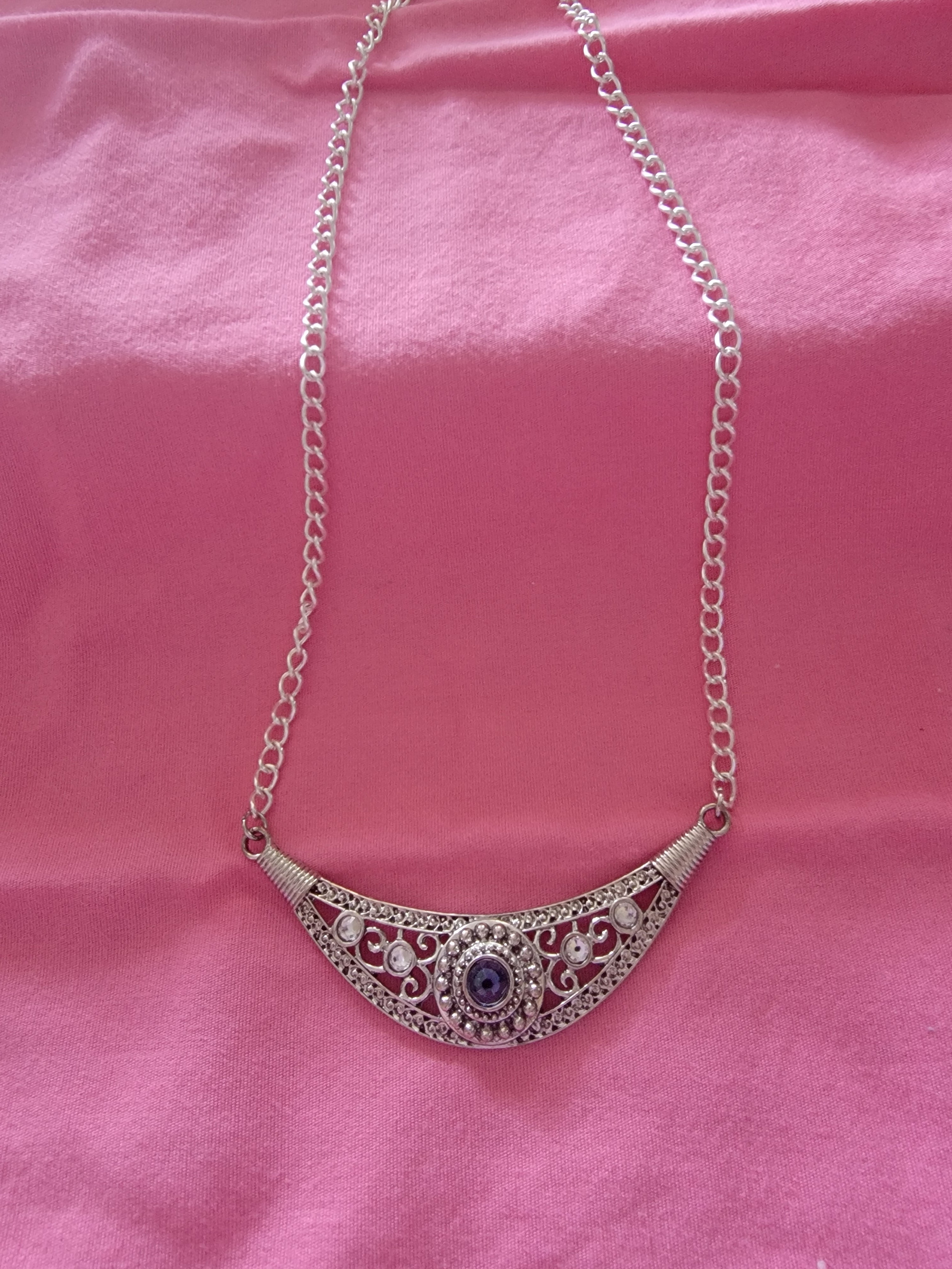 Moon shape  necklace with blue pearl
