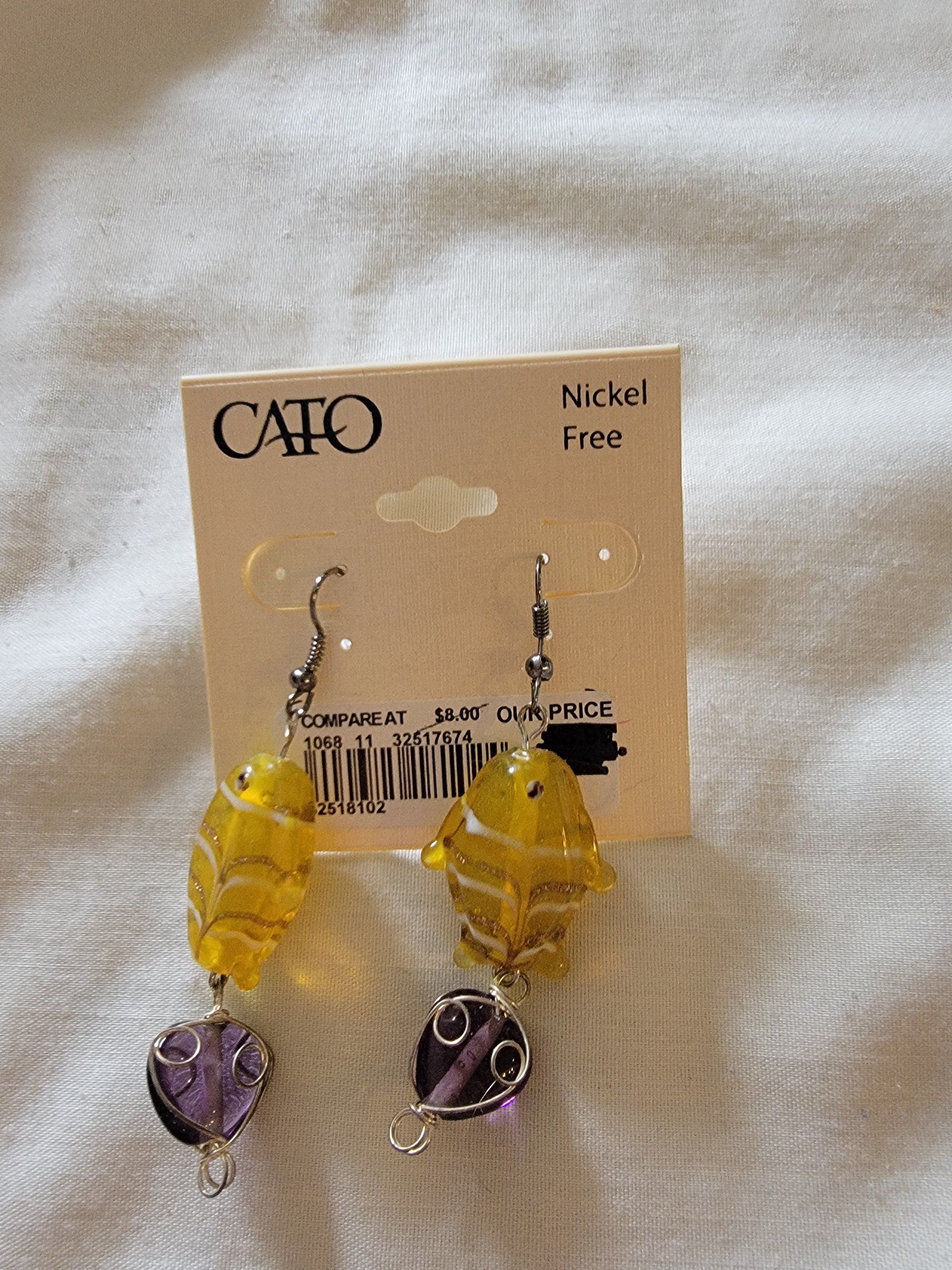 Yellow and purple fish earrings